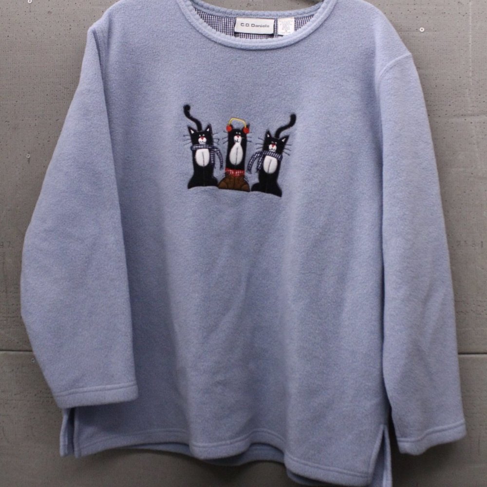 CD Daniels WINTER CATS in Boots Baby Blue Fleece Pullover Sweater Ladies Plus 1X